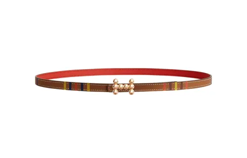 HERMES Calfskin, Metal Leather Belts Women's Red/Brown Width 1.3cm