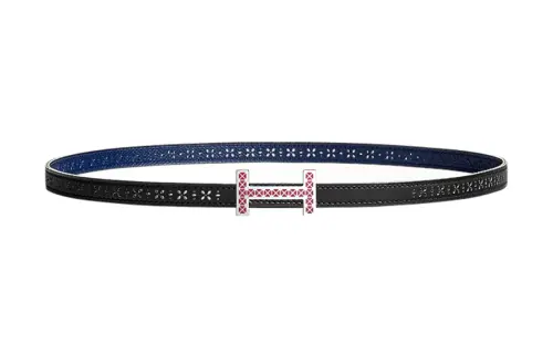 HERMES Medor Swift And Perforated Epsom Calfskin Leather Belts Women's Black/Sapphire Blue Width 1.3cm
