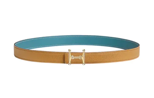HERMES Swift And Epsom Calfskin Leather Belts Women's Denim Blue/Cookie Width 2.4cm