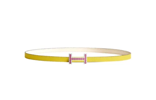 HERMES Double sided Medor Palladium Plated Metal With Calfskin Leather Belts Women's Yellow/White Width 1.3cm