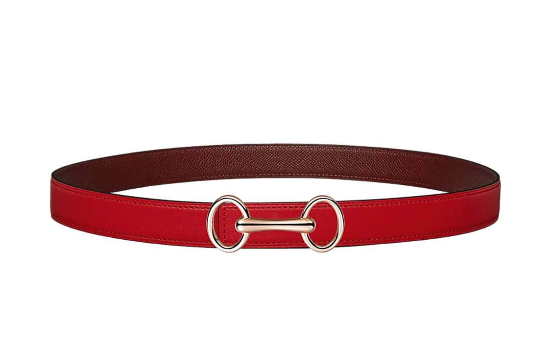 HERMES Double sided Heritage Calfskin Leather Belts Women's Red/Brown Width 2.4cm
