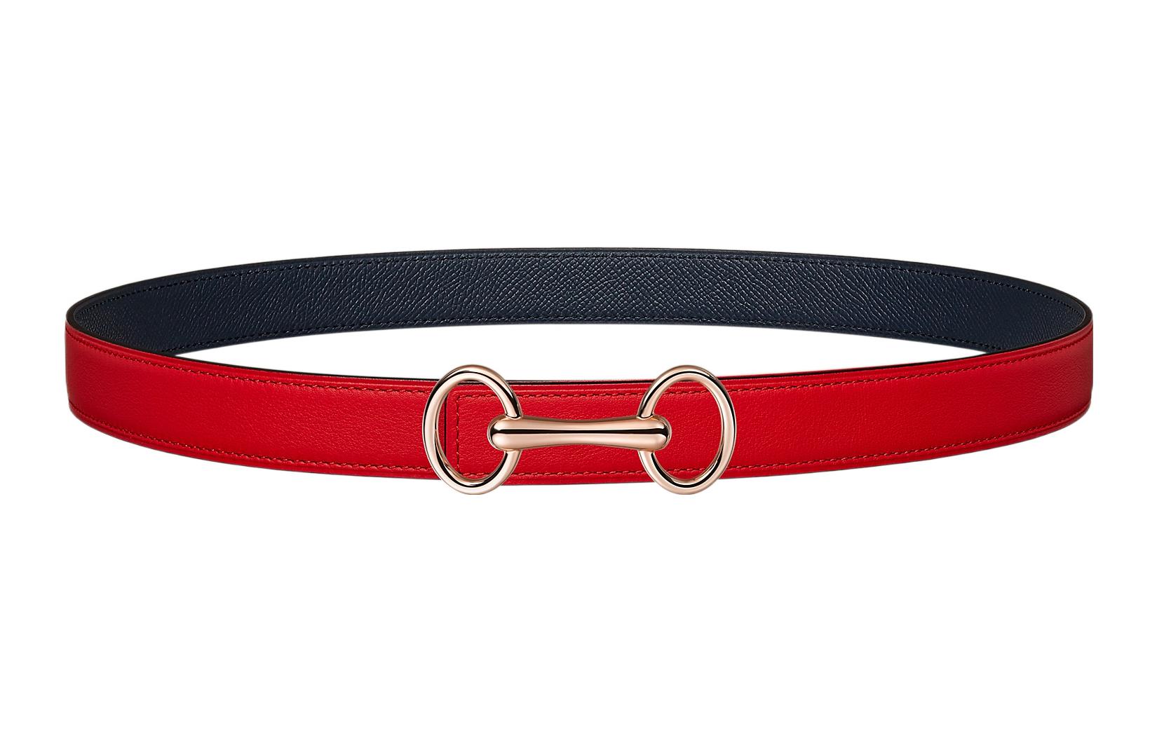HERMES Double sided Heritage Calfskin Leather Belts Women's Mood Red/Indigo Width 2.4cm