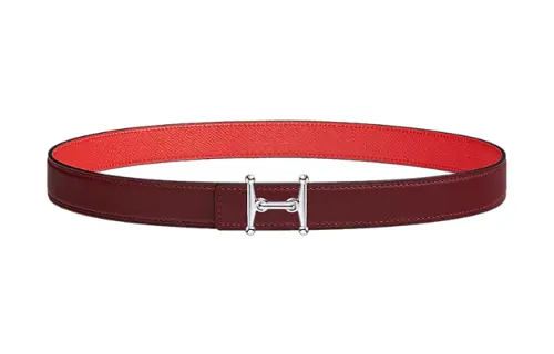 HERMES Mors H Epsom Calfskin Double Sided Leather Belts Women's Red Width 2.4cm