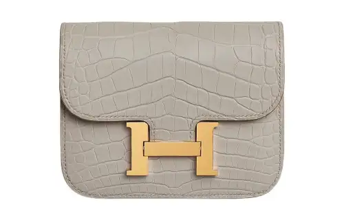 HERMES Constance Slim Gold tone Lock Matte Crocodile Leather Wallet Women's 8L Beton Glacier White