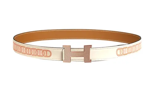 HERMES Mini Constance Calfskin Leather Belts Women's Cream White/Orange Width 2.4cm