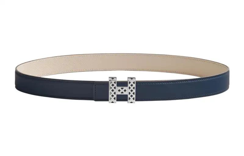 HERMES Garden Party Swift And Epsom Calfskin Leather Belts Women's Blue Width 2.4cm