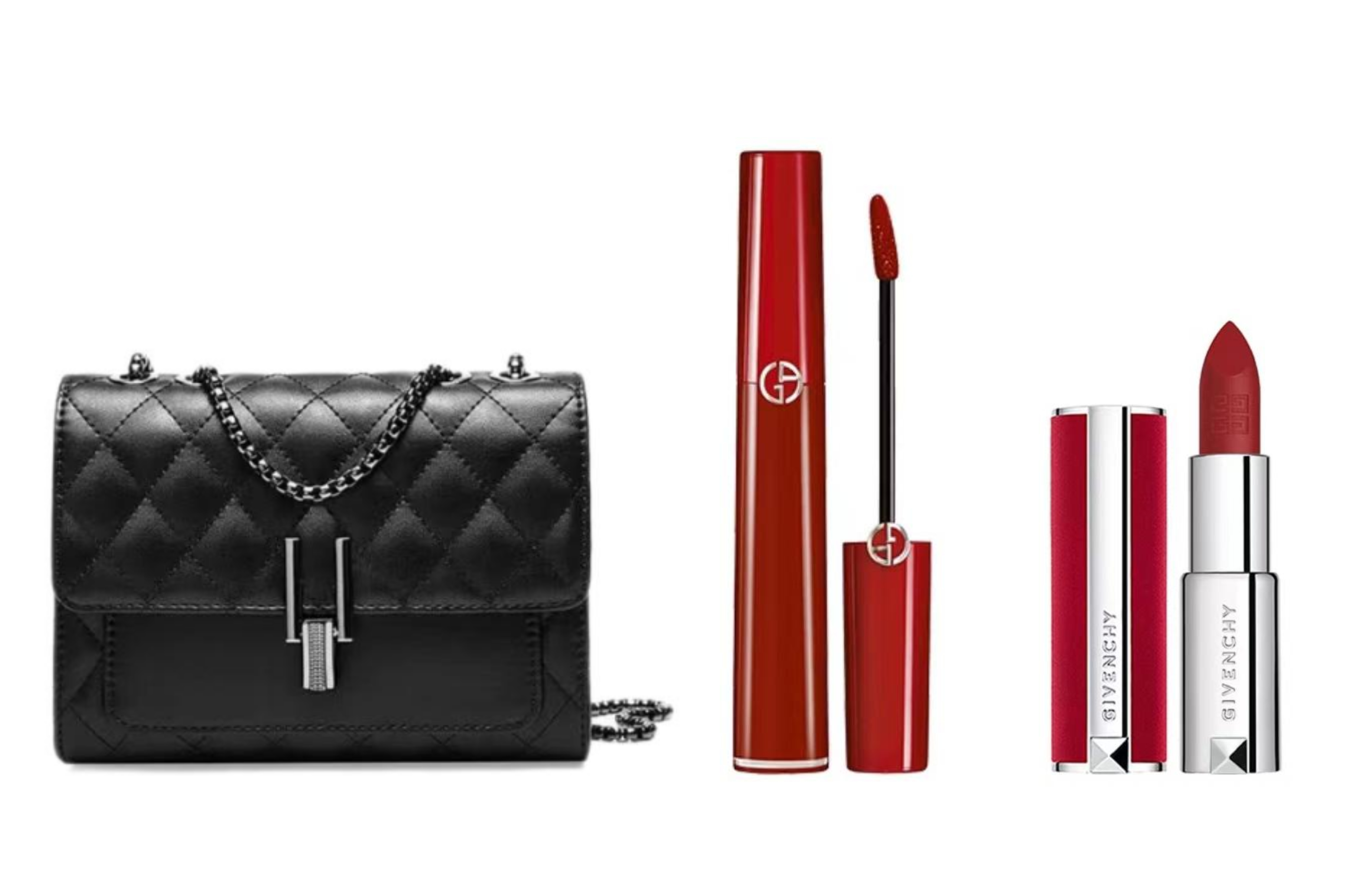 GIORGIO ARMANI Giorgio Armani red tube lip glaze + Givenchy red velvet/fan velvet/lambskin makeup set, easy-to-color satin matte color, small fragrant black check bag