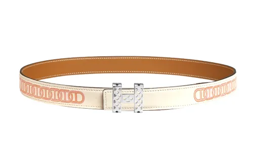 HERMES Garden Party Calfskin Leather Belts Women's White 2.4cm