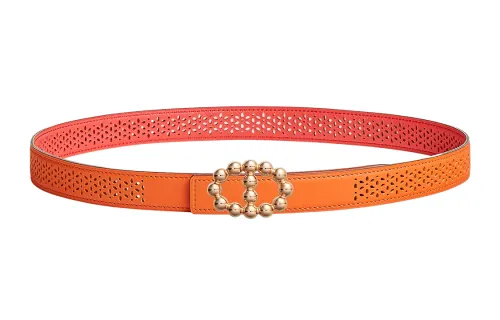 HERMES Bubble Rose Gold Tone Plated Metal Calfskin Leather Belts Women's Width 2.4cm