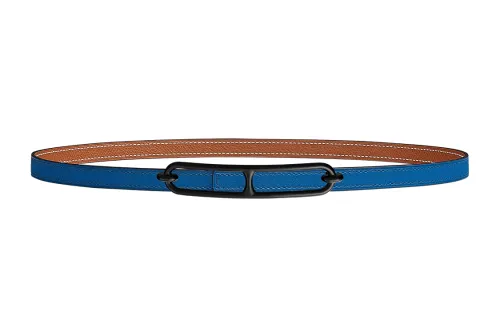 HERMES Double sided Roulis Calfskin Leather Belts Women's French Blue/Gold Width 1.3cm