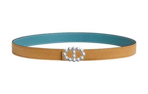 HERMES Calfskin Leather Belts Women's Denim Blue/Cookie Width 2.4cm