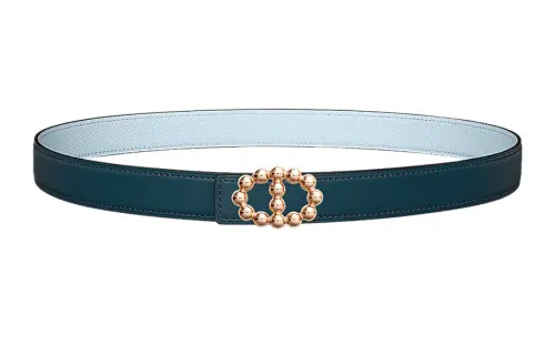HERMES Double sided Bubble Calfskin Leather Belts Women's Prussian Blue/Dusty Blue Width 2.4cm