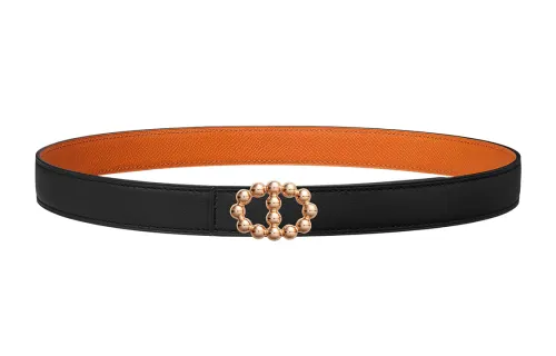 HERMES Bubble Rose Gold Tone Plated Metal Calfskin Leather Belts Women's Width 2.4cm