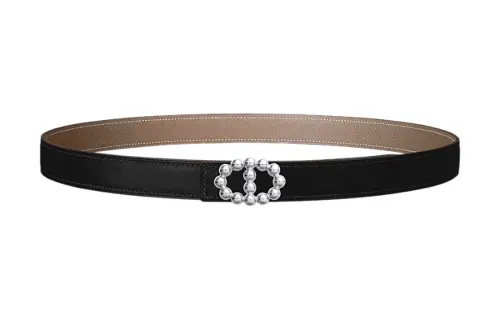 HERMES Bubble Metal, Palladium Plated Calfskin Leather Belts Women's Width 2.4cm