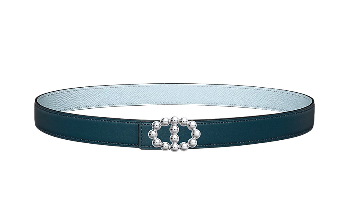 HERMES Double sided Bubble Calfskin Leather Belts Women's Prussian Blue/Dusty Blue Width 2.4cm