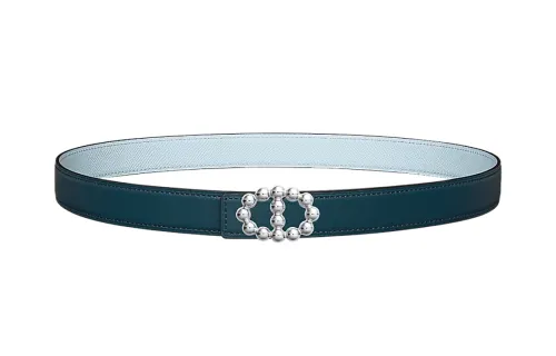 HERMES Double sided Bubble Calfskin Leather Belts Women's Prussian Blue/Dusty Blue Width 2.4cm