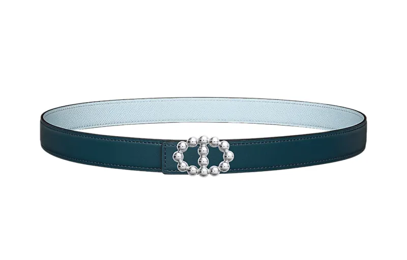HERMES Double sided Bubble Calfskin Leather Belts Women's Prussian Blue/Dusty Blue Width 2.4cm