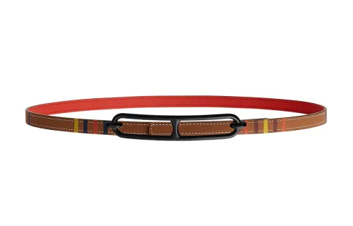 HERMES Double sided Calfskin Leather Belts Women's Striped Gold/Orange Red Width 1.3cm