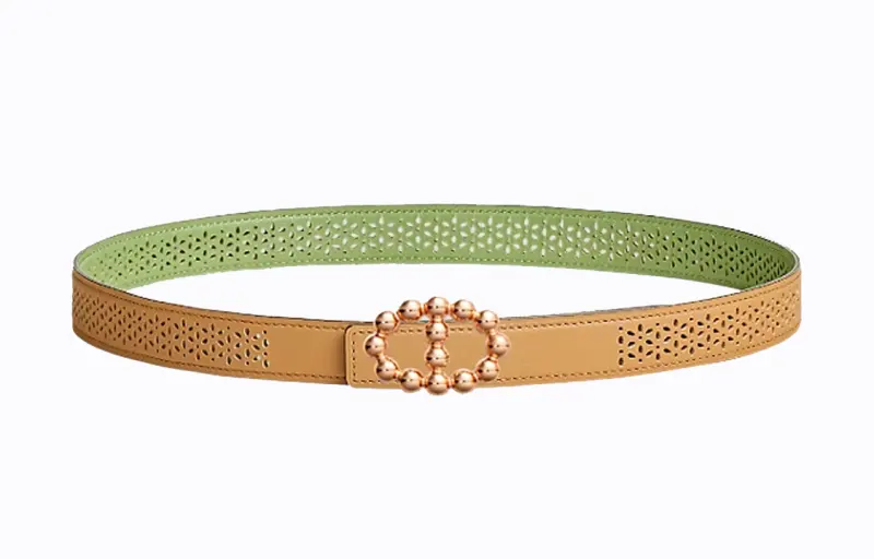 HERMES Bubble Epsom Calfskin Leather Belts Women's Masala Tea/Cricket Green Width 2.4cm