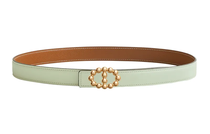 HERMES Bubble Calfskin Leather Belts Women's Bubble Green/Gold Width 2.4cm