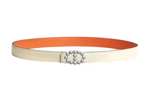 HERMES Maillons Calfskin Leather Belts Women's Ecru Width 2.4cm