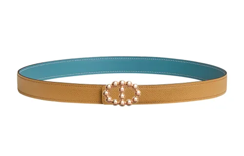 HERMES Bubble Rose Gold Tone Plated Metal Calfskin Leather Belts Women's Width 2.4cm