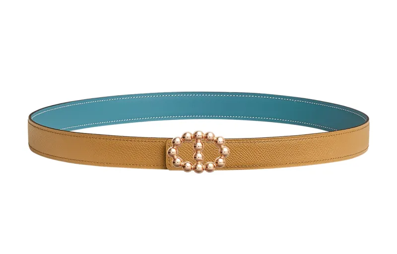 HERMES Bubble Rose Gold Tone Plated Metal Calfskin Leather Belts Women's Width 2.4cm