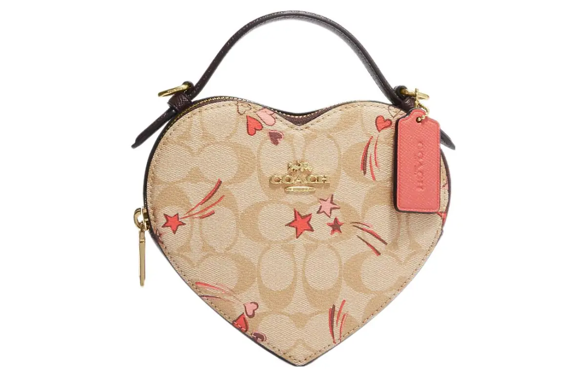 COACH Heart Coated Canvas With Leather Heart Shaped Bag Box Handbag Small Women's Khaki