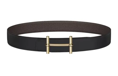 HERMES H D'Ancre Calfskin, Metal Leather Belts Men's Black Width 3.8cm