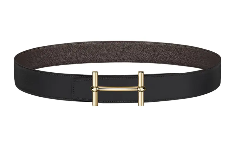 HERMES H D'Ancre Calfskin, Metal Leather Belts Men's Black Width 3.8cm