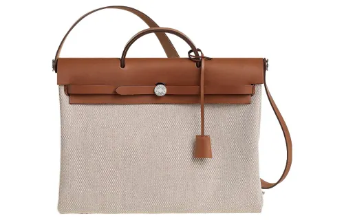 HERMES Herbag Zip H Viking Canvas With Hunter Cow Leather Shoulder Bag, Crossbody Bag, Handbag 39 Unisex Beige & Tawny