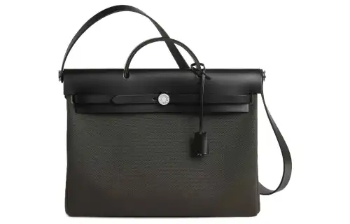 HERMES Herbag Zip Canvas With Hunter Cow Leather Shoulder Bag, Crossbody Bag, Handbag 39 Unisex Copper Green/Black