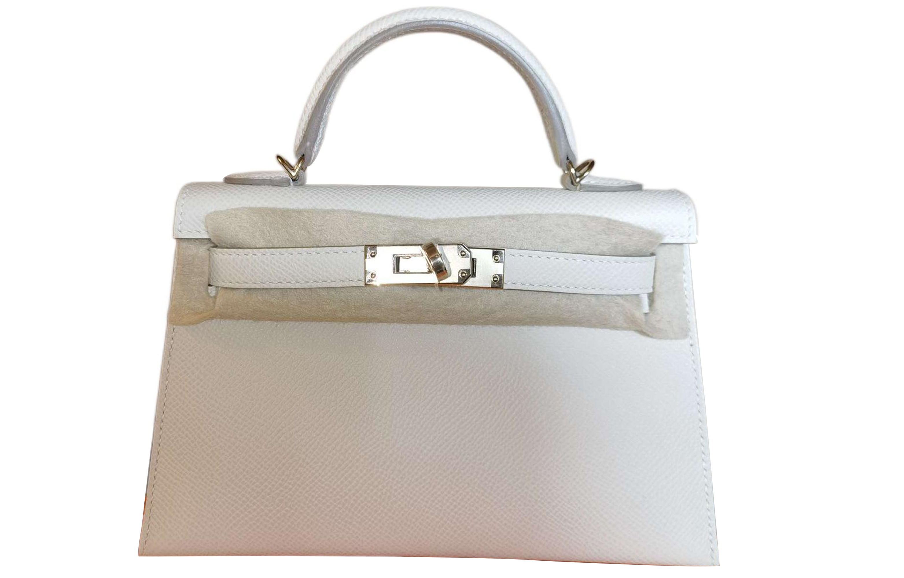 HERMES Hermès Mini Kelly Second Generation SO Customized Horseshoe Engraved Light Gold Buckle Epsom Leather Leather Kelly Bag Handbag Women's Milkshake White with Amber Yellow Inside