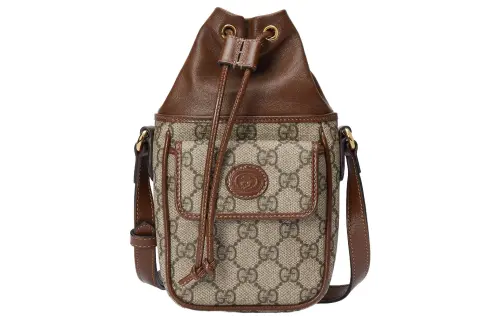 GUCCI Leather Paneled Canvas Bucket Bag, Shoulder Bag, Crossbody Bag Mini Women's Brown