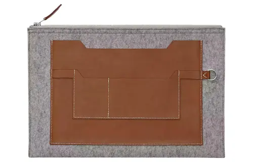 HERMES Toodoo Wool Felt, Barenia Calfskin Clutch Women's Light Gray & Tawny