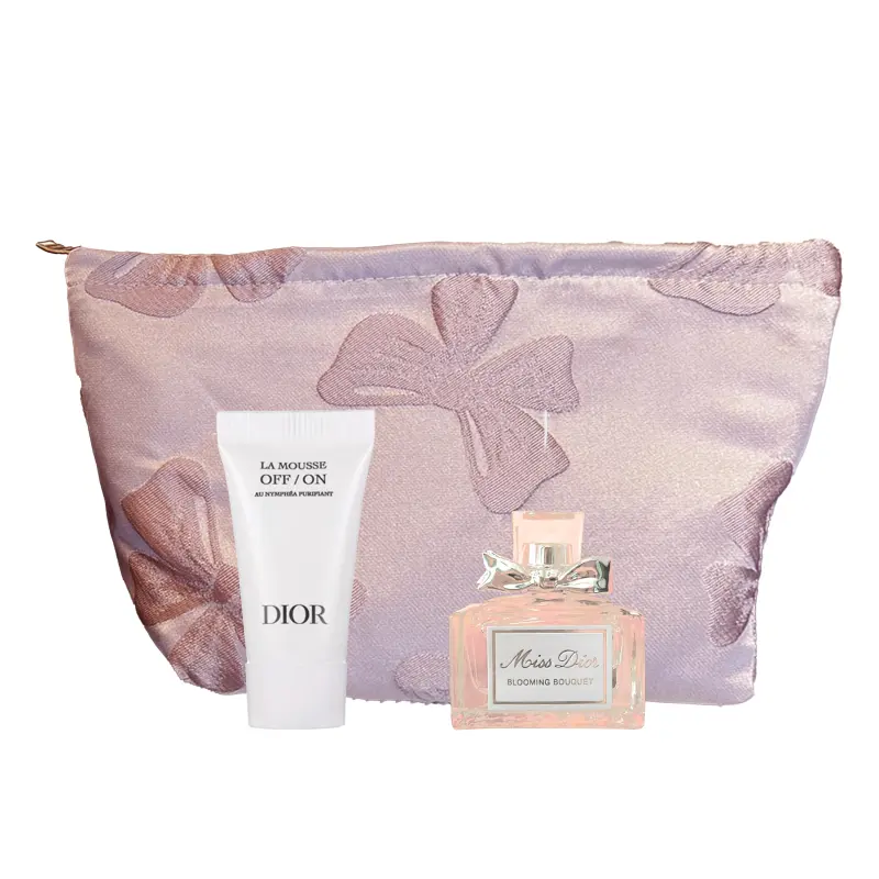 Dior, lipstick, perfume, cleansing milk, handheld fuchsia set with bow