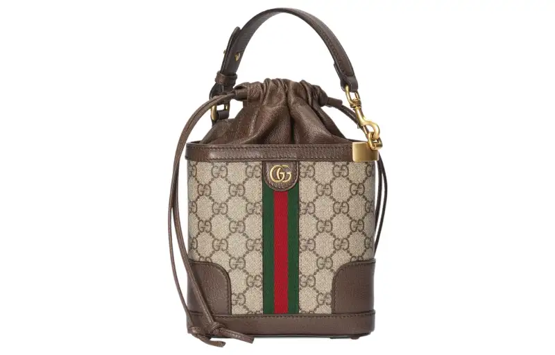 GUCCI Canvas With Leather Trim Bucket Bag, Handbag, Shoulder Bag, Crossbody Bag Women's Beige/Ebony
