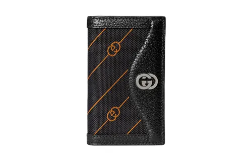GUCCI Jacquard Fabric Leather Card Holder Men's Orange/Black
