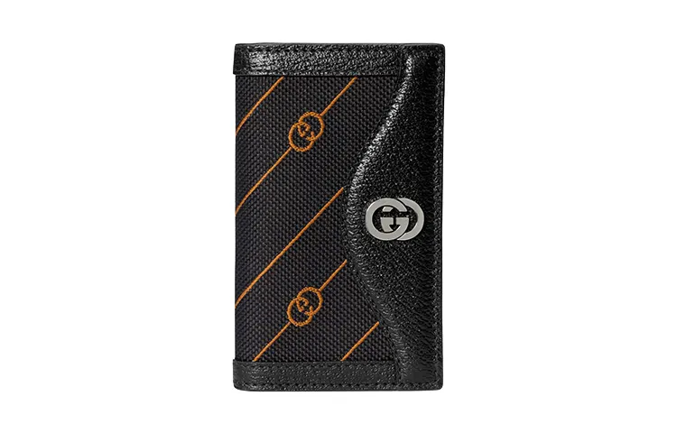 GUCCI Jacquard Fabric Leather Card Holder Men's Orange/Black