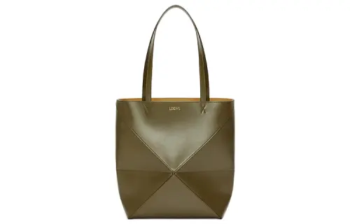 LOEWE Puzzle Fold Shiny Cow Leather Tote Bag, Shopping Bag, Handbag Medium Women's Dark Khaki Green