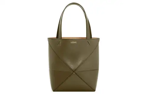 LOEWE Puzzle Fold Shiny Cow Leather Tote Bag, Shopping Bag, Handbag Mini Men's Dark Khaki Green
