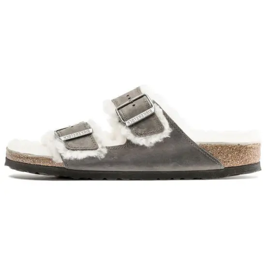Birkenstock Arizona Shearling Waxy Leather Oiled 'Iron'