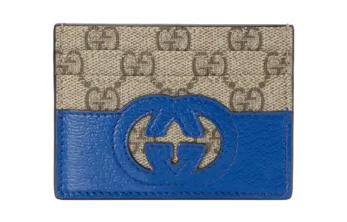 GUCCI Canvas With Leather Trim Card Holder Men's Brown/Blue