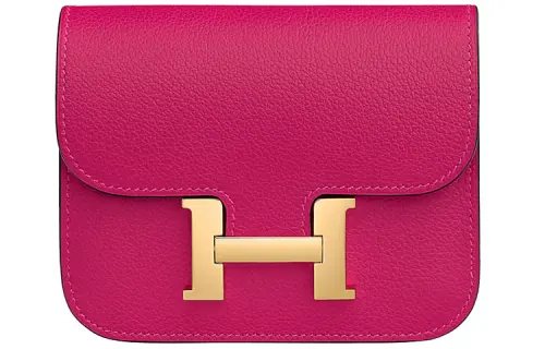 HERMES Constance Slim Gold tone Lock Evercolor Calfskin Wallet, Card Holder, Fanny Pack Women's Raspberry Pink