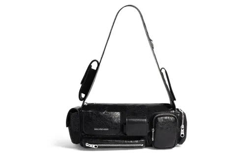 Balenciaga Superbusy Fine Grained Sheepskin With Fabric Handbag, Shoulder Bag Mini Women's Black