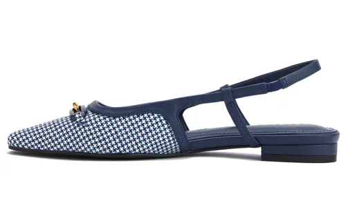 PEDRO PU Sheepskin Square Toe Houndstooth Muller Flat Casual Shoes Women's Dark Blue