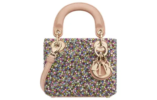 DIOR Lady Dior Cow Leather Rhinestone Embroidery Handbag, Shoulder Bag, Crossbody Bag, Handbag Extra Mini Women's Pink