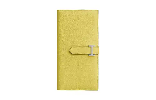 HERMES Bearn Silver Tone Buckle Mysore Goat Skin Card Holder, Wallet Women's 0Y Limoncello Lemon Yellow