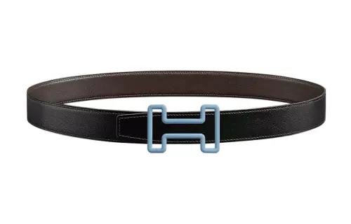 HERMES H Belt Buckle Rubber Stainless Steel Calfskin Leather Belts Men's Width 3.2cm