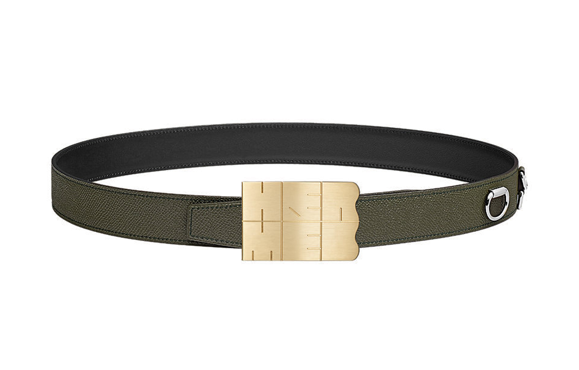 HERMES Solid Color Togo Calfskin Leather Belts Men's Green Width 3.2CM